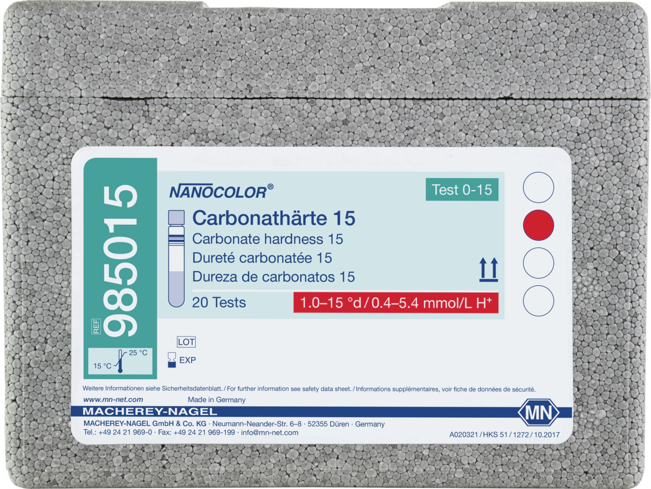 Kit NANOCOLOR Carbonate hardness 15 pentru determinarea durității carbonatice, REF 985015
